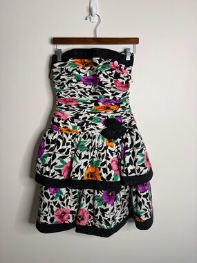 Vintage A J Bari Floral corset dress white black strapless silk size 10